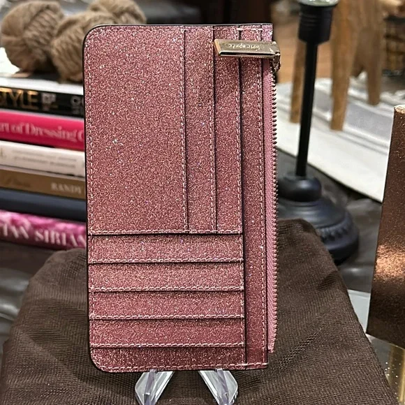 Authentic ♠️ Kate Spade NY Large Slim Cardholder in Glitter Mixed Mitten Pink